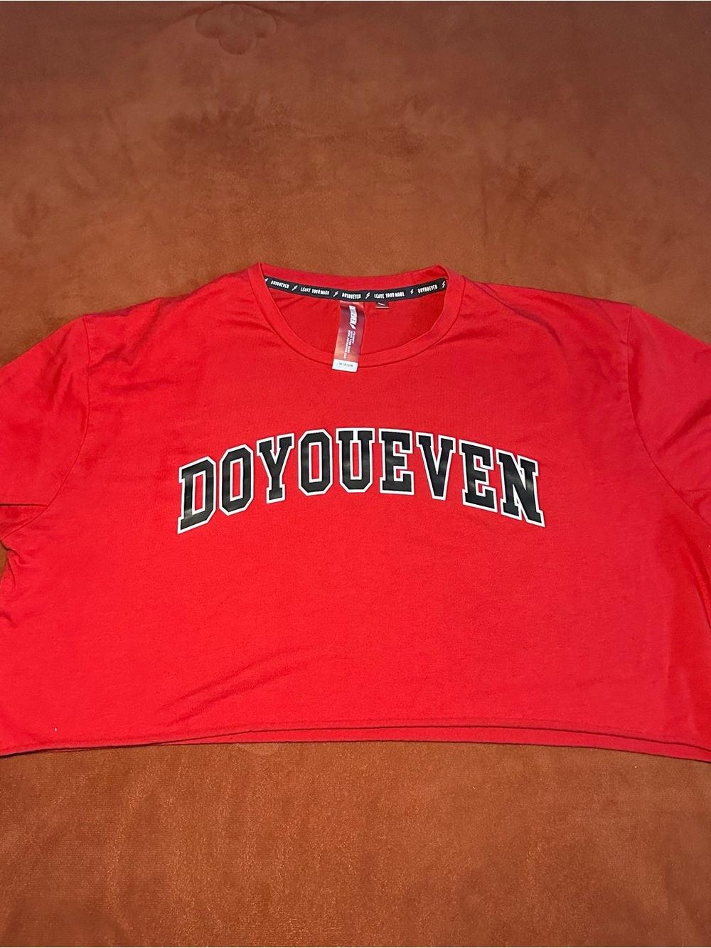 DOYOUEVEN Cropped Red Tee with Black & White Arched Logo